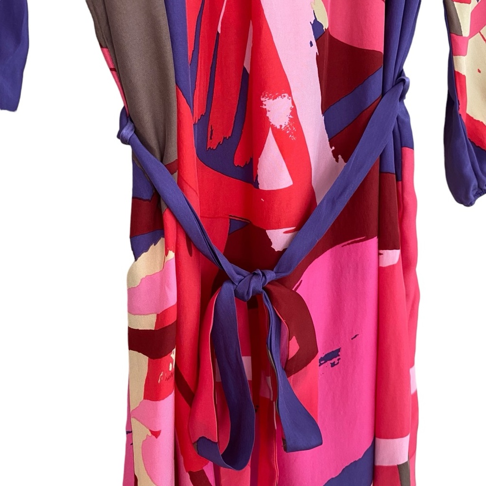 GLAM 100% Silk Colorful Abstract Belted High‎ Low 3/4 Sleeve Dress Size Small - Picture 4 of 7